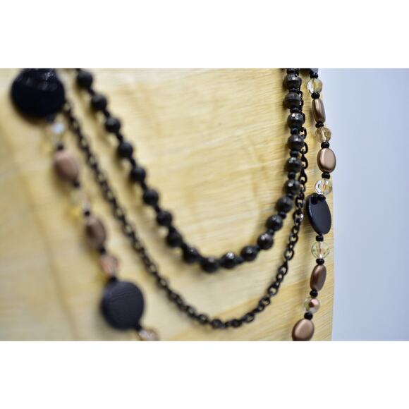 CG Statement Necklace Black Beaded Bronze Faux Crystal Triple Strand Shiny Bin5 - Picture 6 of 12